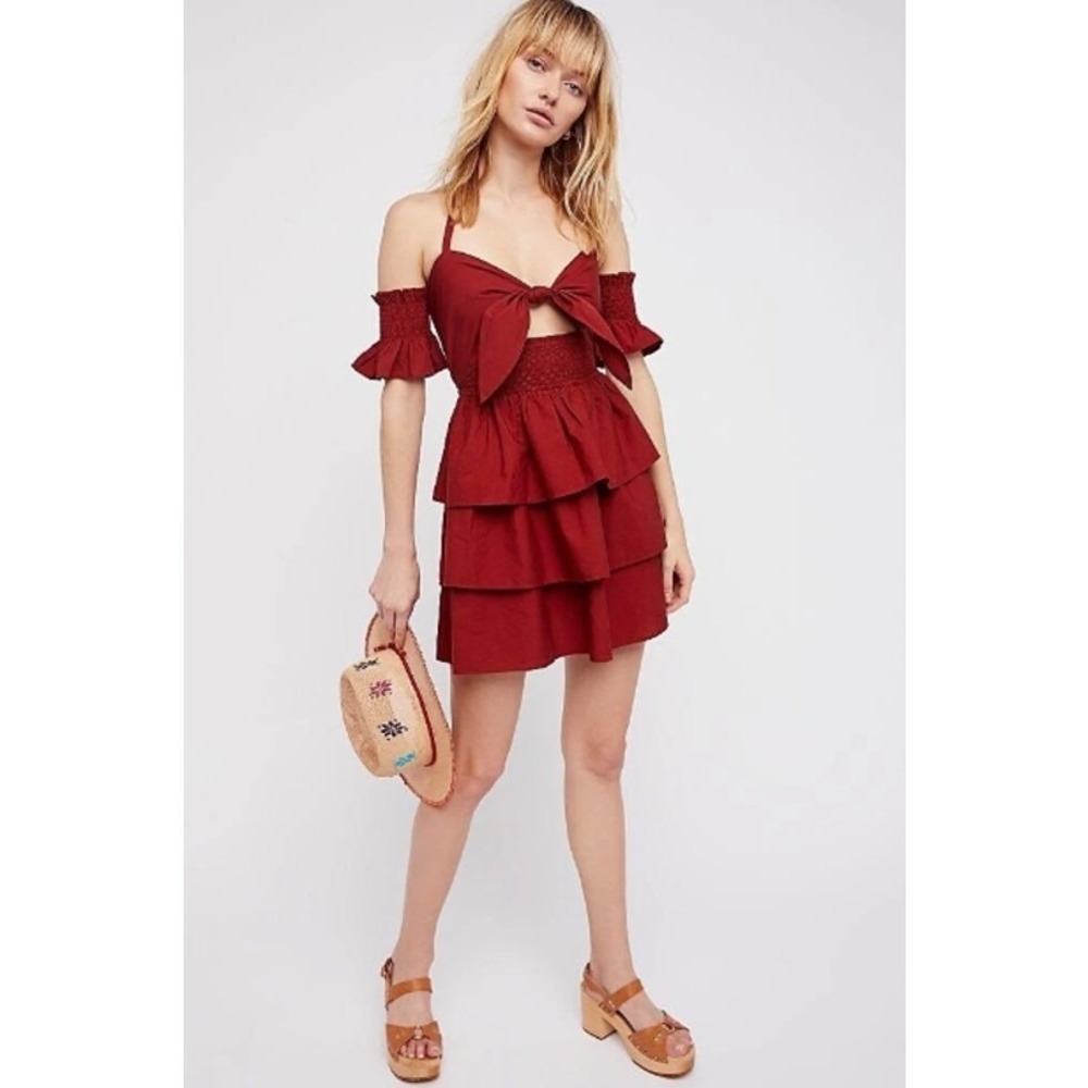 Free People Everly Mini‎ Dress Womens Size XS Dark Red Off Shoulder Smocked NEW